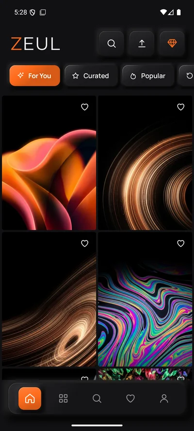 Zeul home feed with For You, Curated and Popular wallpapers